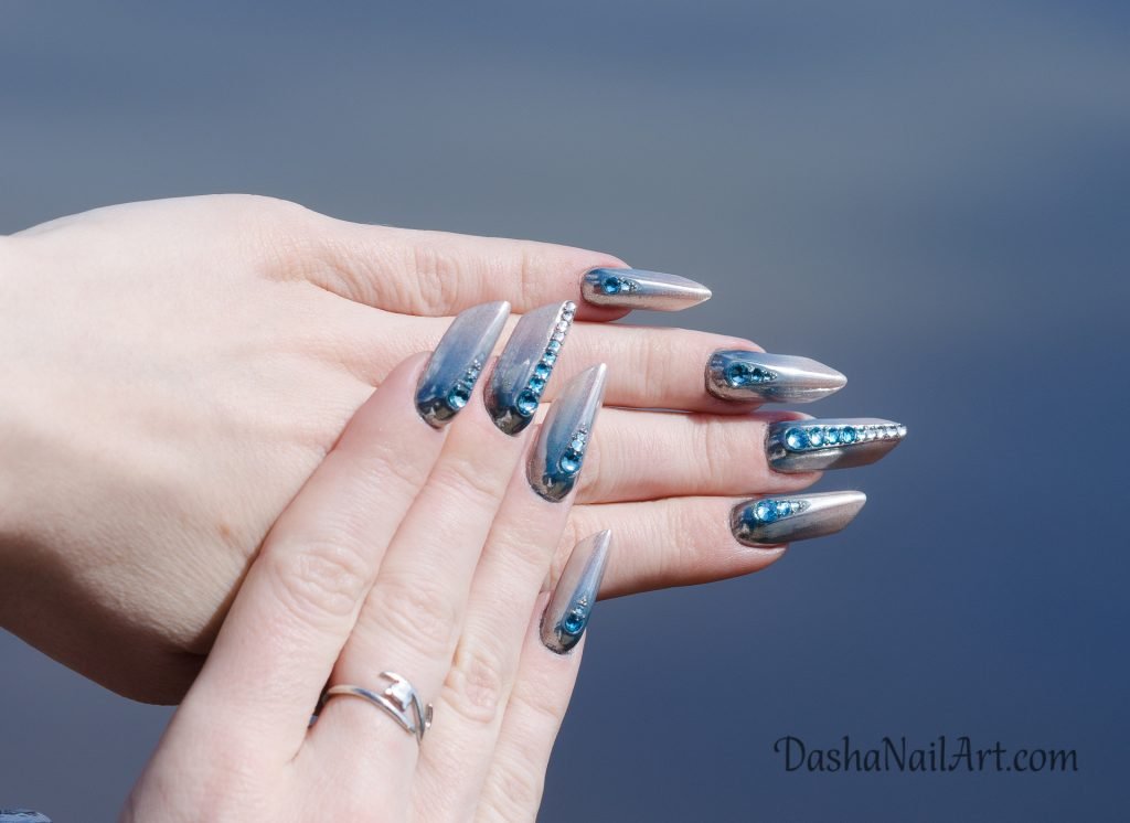 Edge Nails sky color with chrome and diamonds