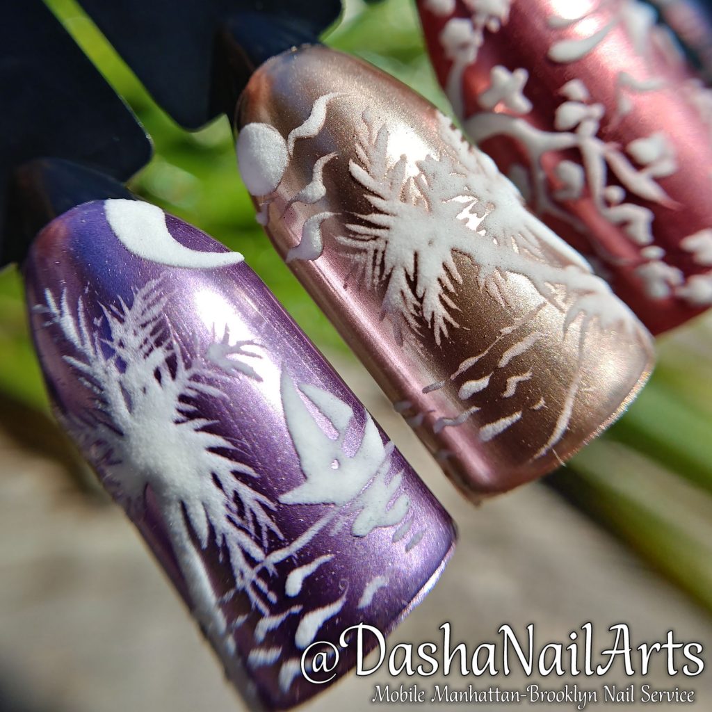 Metallic nails with palm trees, mountains, sakura tree