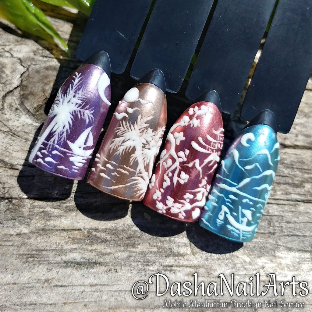 Metallic nails with palm trees, mountains, sakura tree