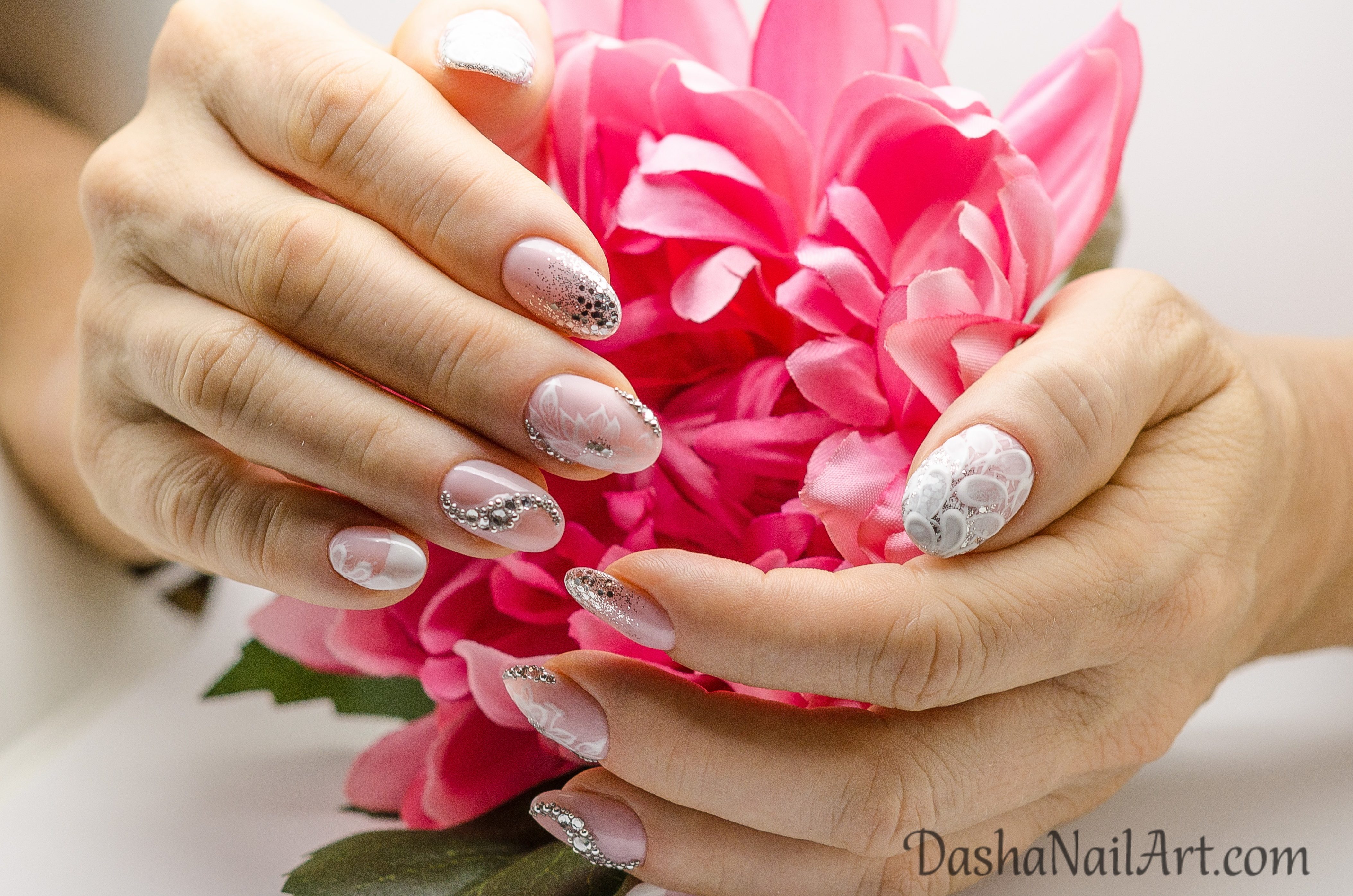 Luxury nude wedding nails with diamonds and glitters