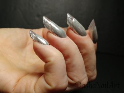 Arch almond clear french nails with silver chrome and stamping